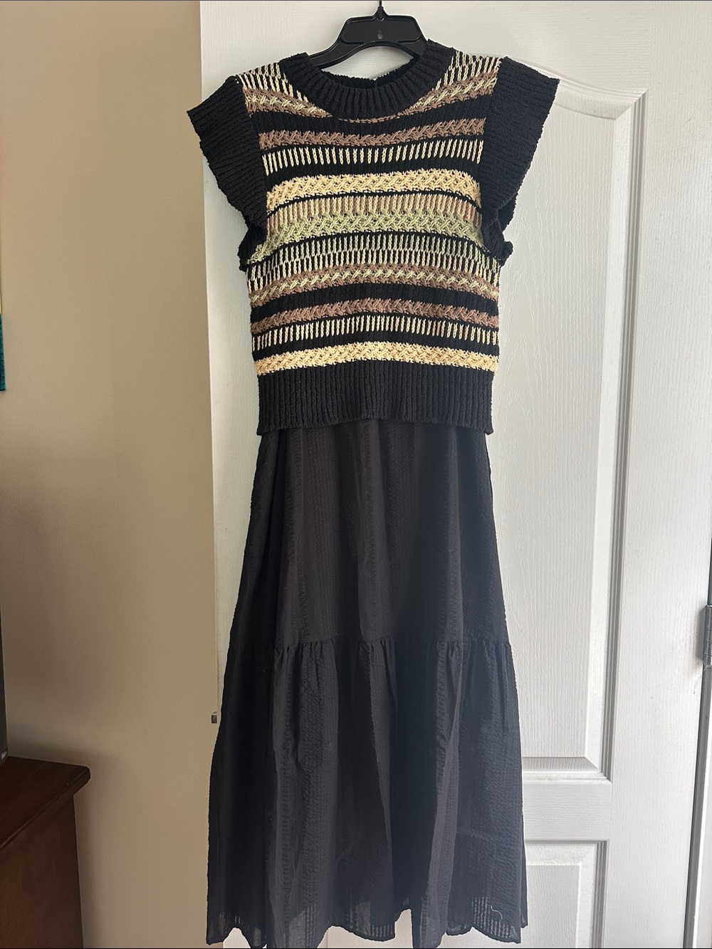Elan Black Maxi Dress with Striped Knit Bodice